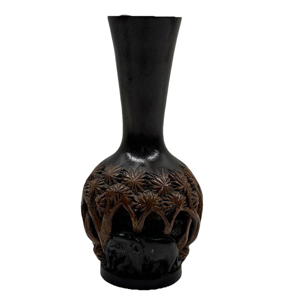 Vintage Teak Wood Hand Carved Laquered 3D Elephant Vase 8"